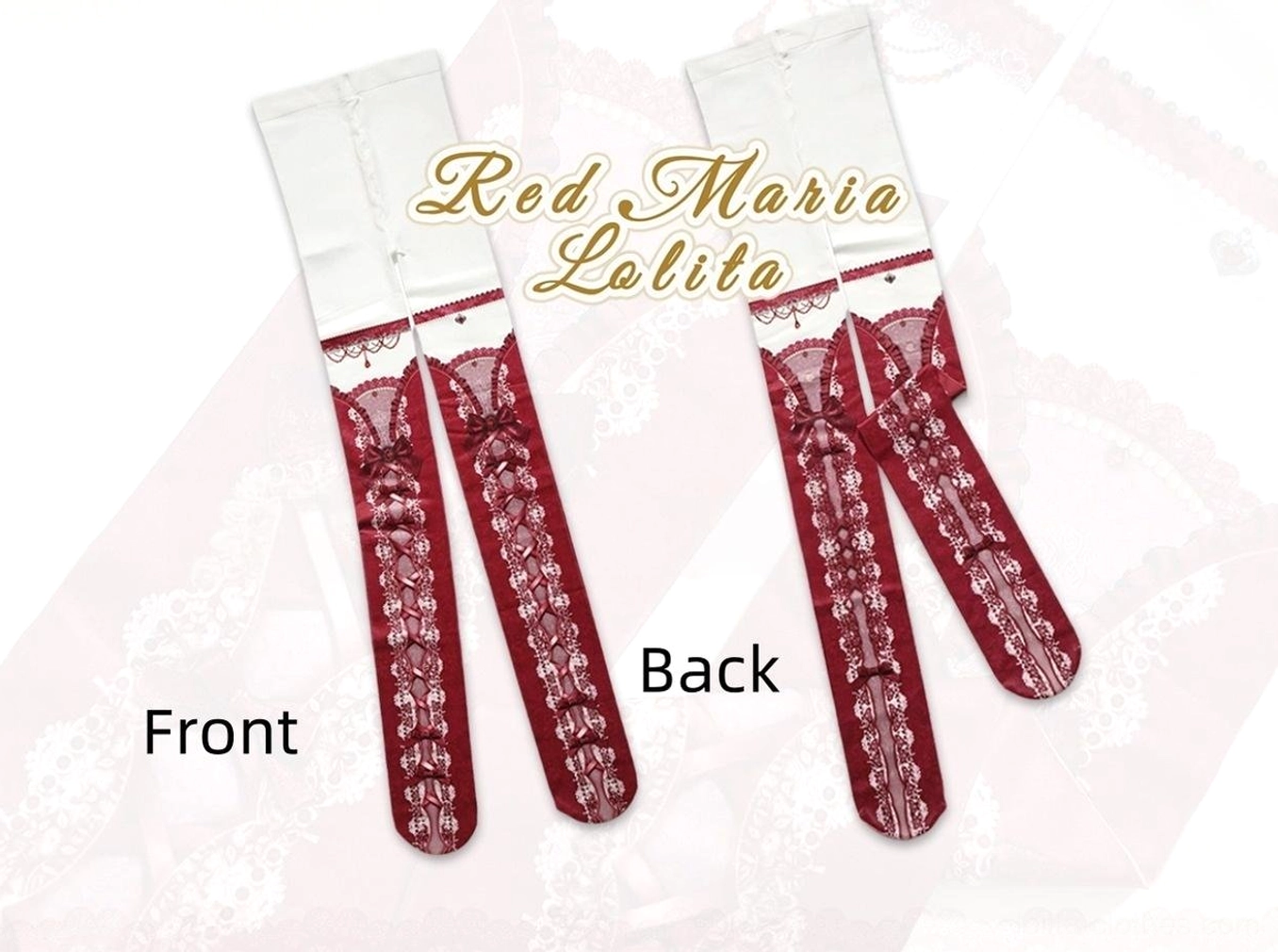 Front and back flat lay display of retro red printed lolita stockings showing reversible wearing option and complete stocking construction detail