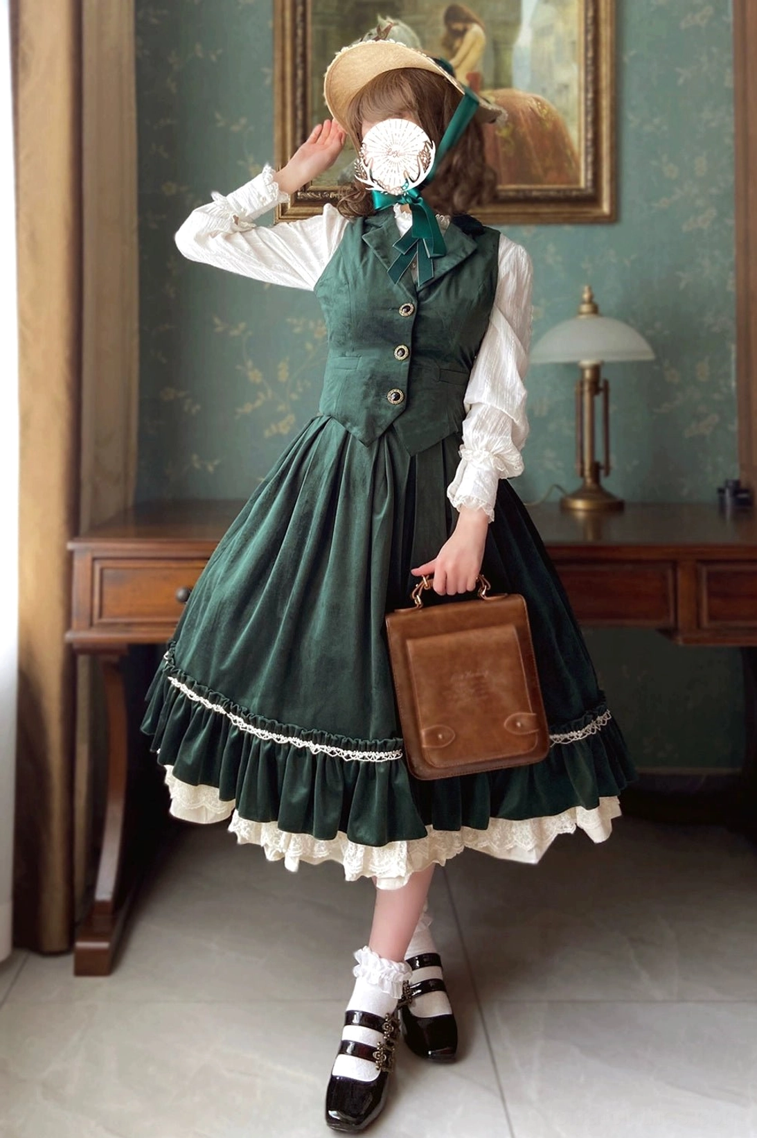 Lolita retro waistcoat layered over stand-collar blouse with lace cuffs and ruffles