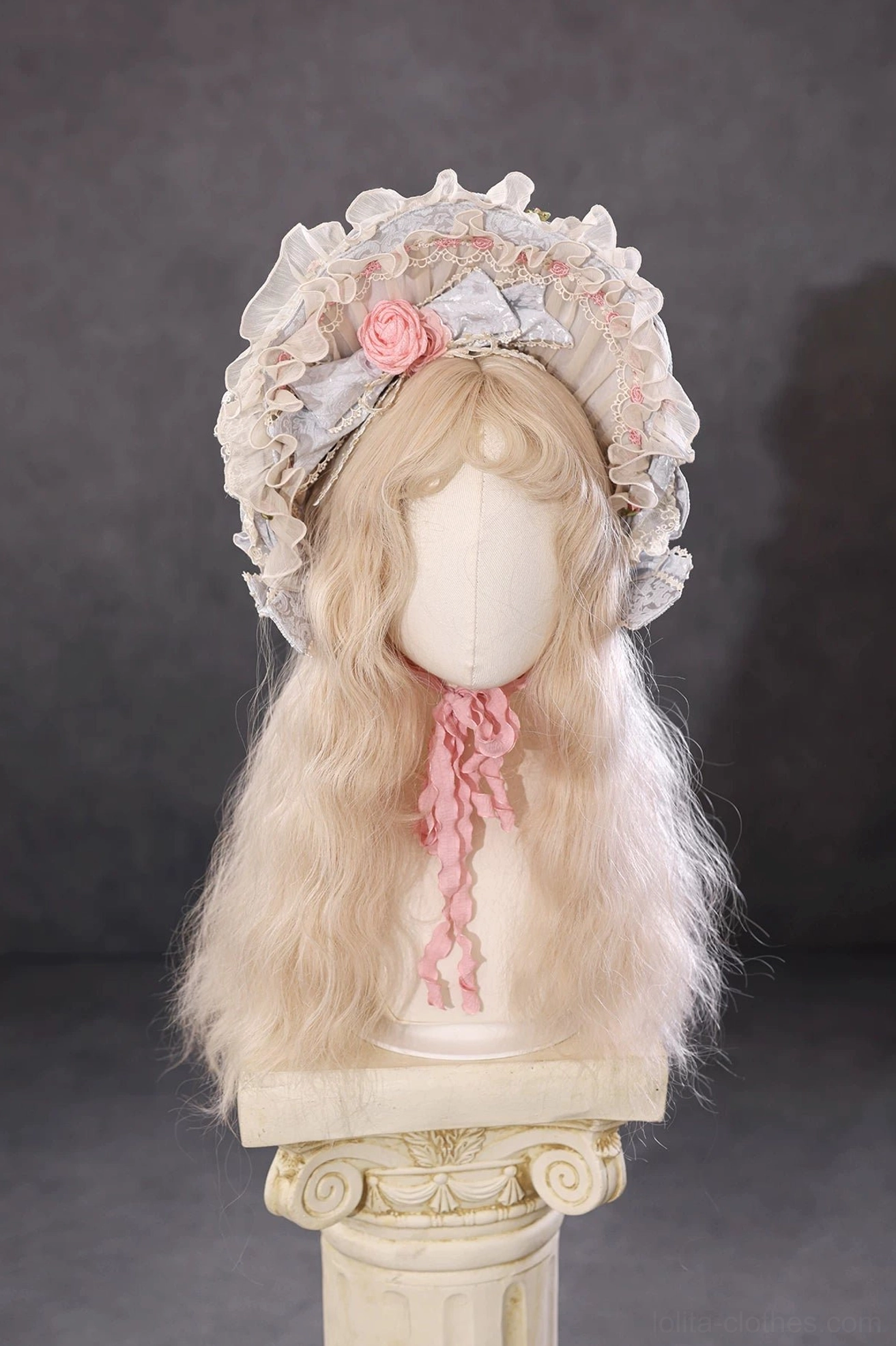 Vintage Rococo Lolita bonnet detail showing intricate ruffled lace construction and pink fabric rose embellishment