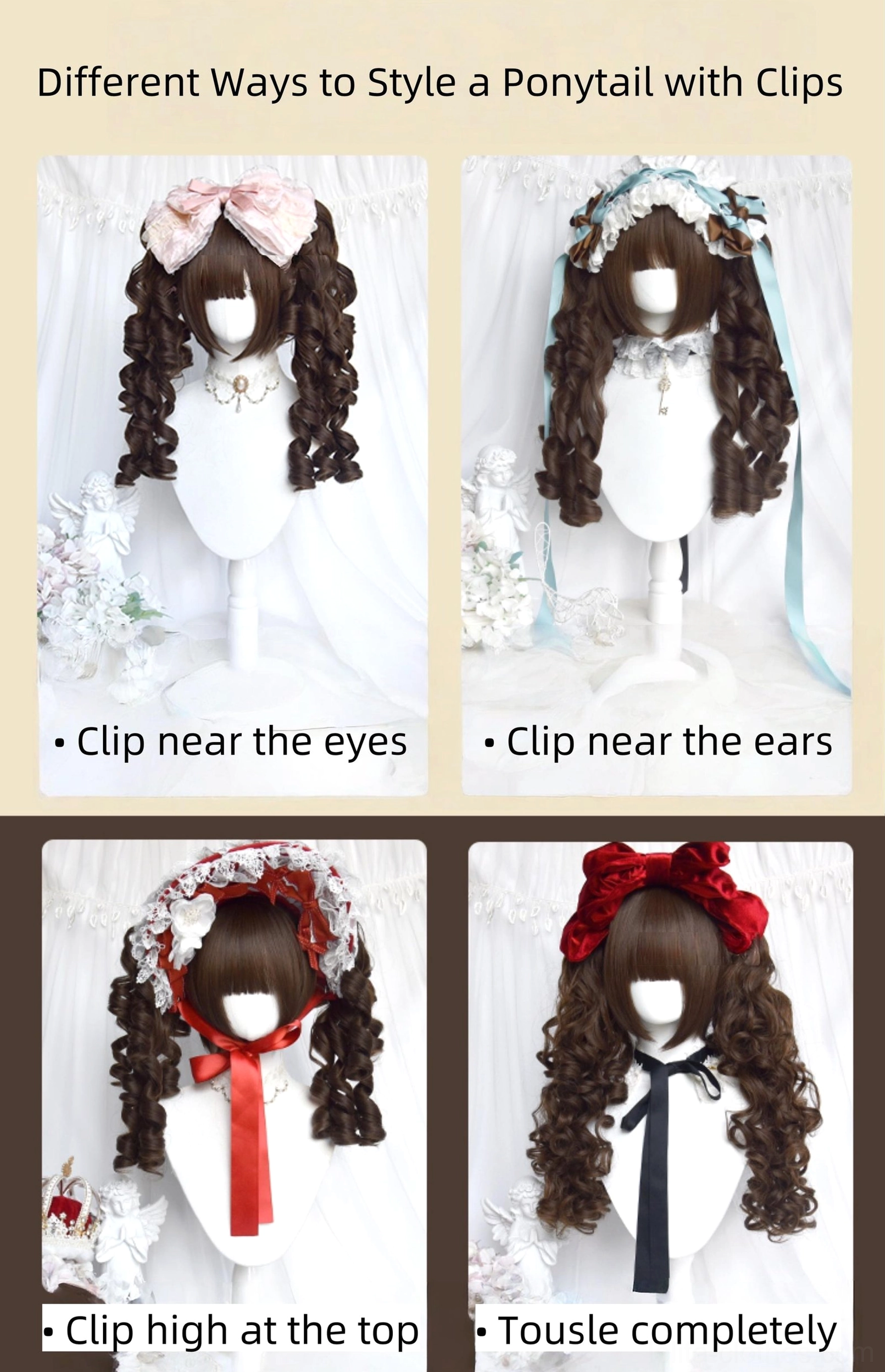Old School Lolita Roman curl wig close-up detail view of dark brown ringlet curls texture and layered construction quality