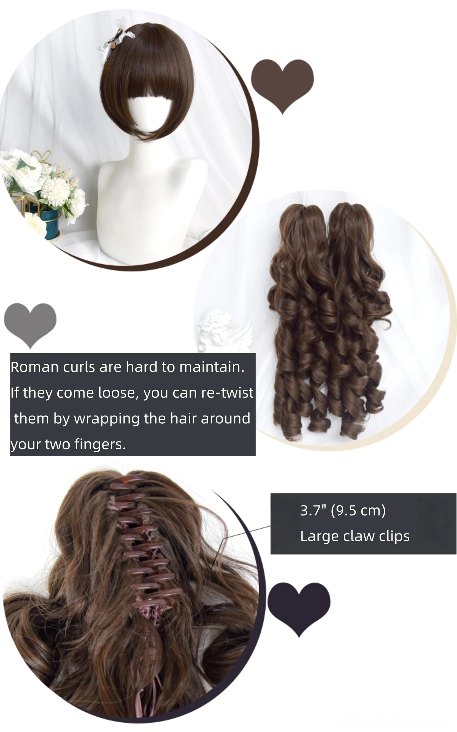 Lolita Roman curl wig detail reference sheet showing base wig top view, separate curl hair piece, large 3.7 inch claw clip closure system, and maintenance re-twisting instructions