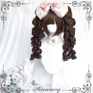Vintage Lolita Roman curl wig front display with voluminous side ringlet curls and full dark brown bangs, coordinated with pink bow headpiece and pearl choker necklace