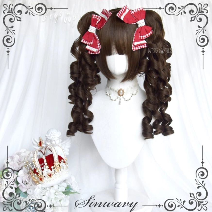 Twin-tail Old School Lolita Roman curl wig front flat view showing voluminous side ringlet curls and dark brown bangs, paired with red checkered bow clips and pearl choker