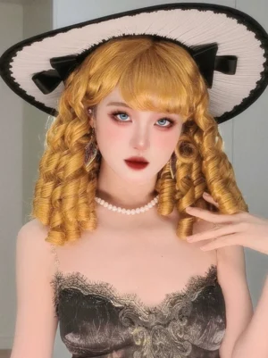 Lolita roman roll wig golden blonde ringlet curls front view with air bangs worn by model in vintage dress
