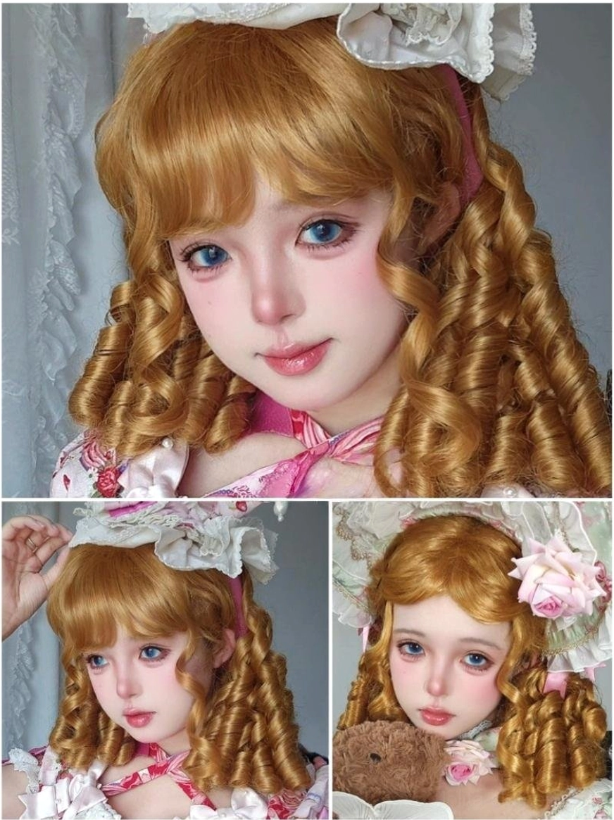 Lolita roman roll wig linen brown 28cm small size ringlet curls teased crown doll costume