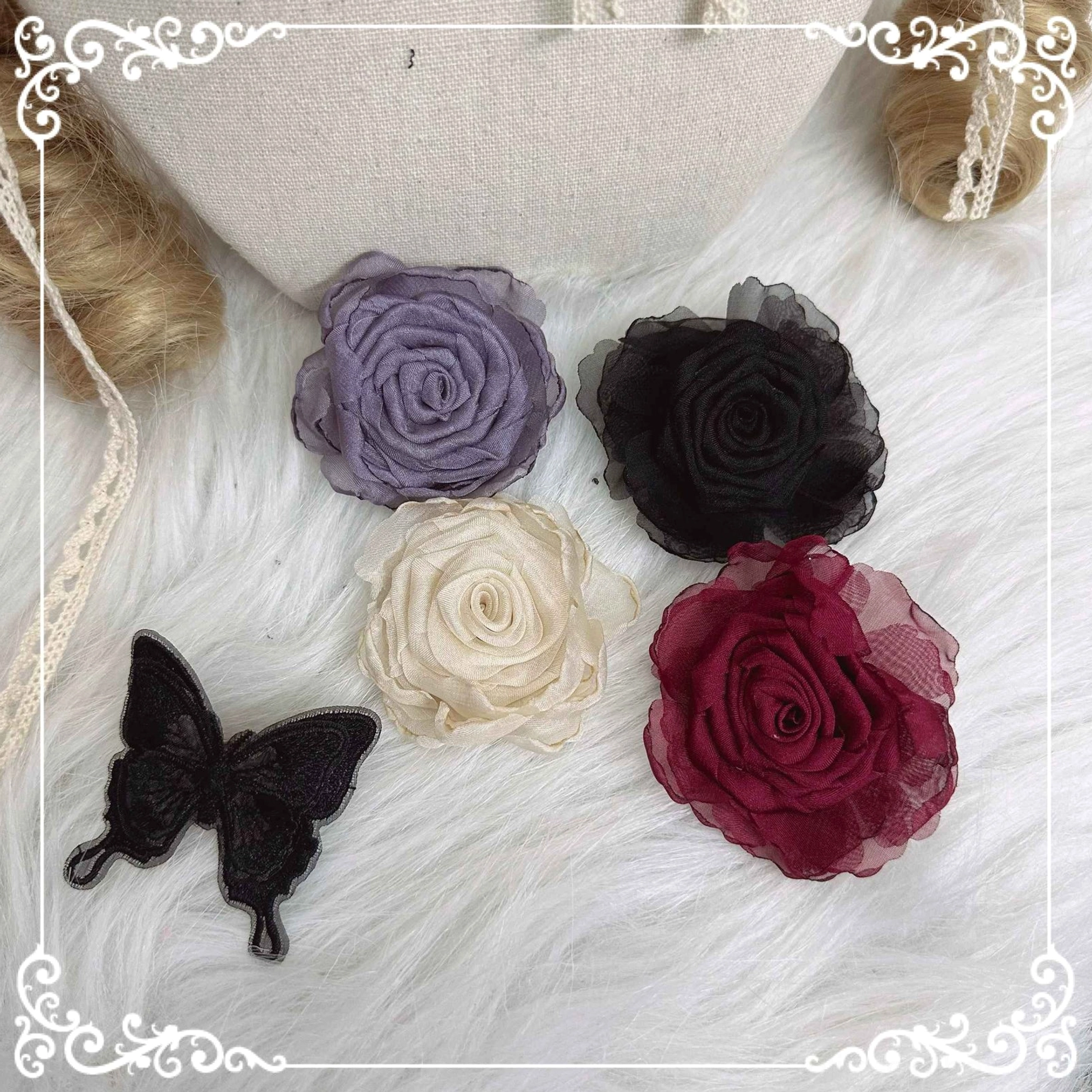 Lolita rose ring accessory featuring dimensional fabric rose design with customizable color selections for coordinated accessory collection building