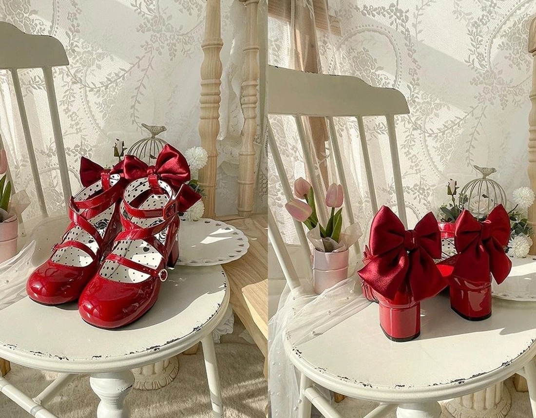 Lolita round toe block heel shoes front view cross ankle straps buckle system tight shot