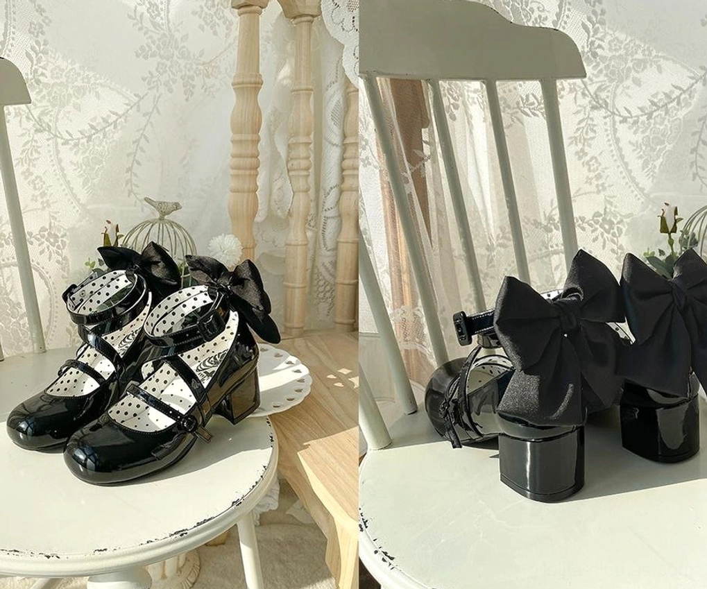 Lolita round toe block heel shoes inner sole comfort design shallow vamp construction detail
