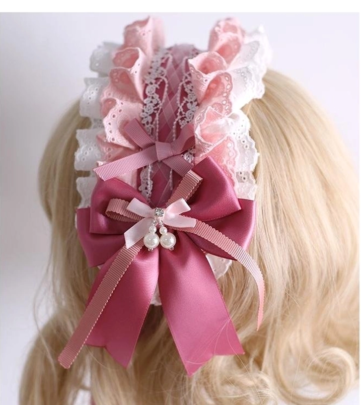 Sweet lolita ruffled bow hairband rear back three-quarter view blonde mannequin double-layer pink white ruffled lace large dark pink satin bow pearl ribbon bow accents