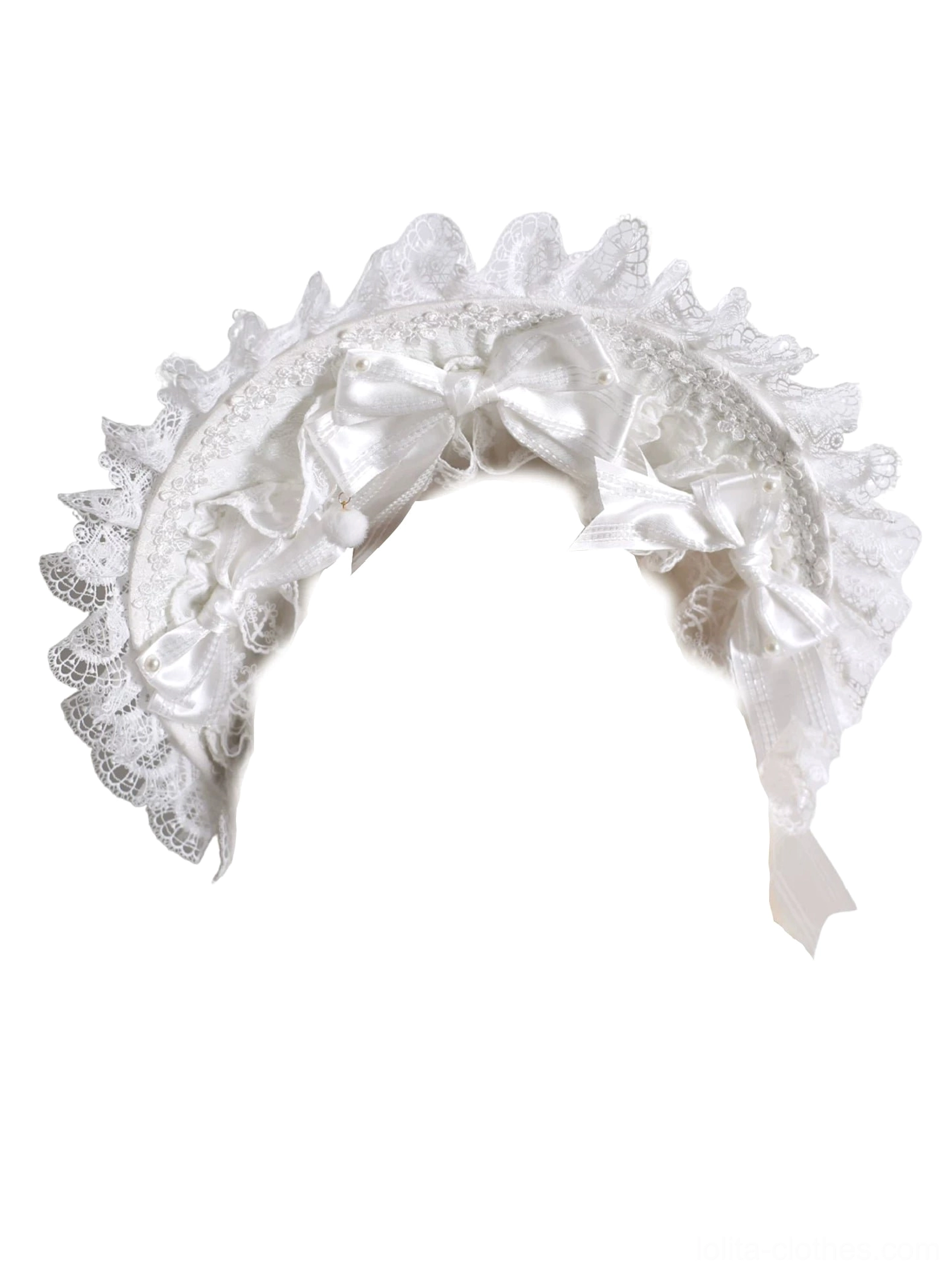 Lolita ruffled bow headband with curved headband base, delicate lace edges and multiple coordinating satin bow decorations
