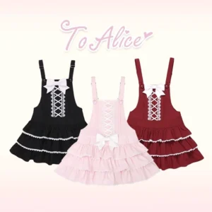 Lolita salopette dress flat lay product display showing all three color options black burgundy pink with bow details