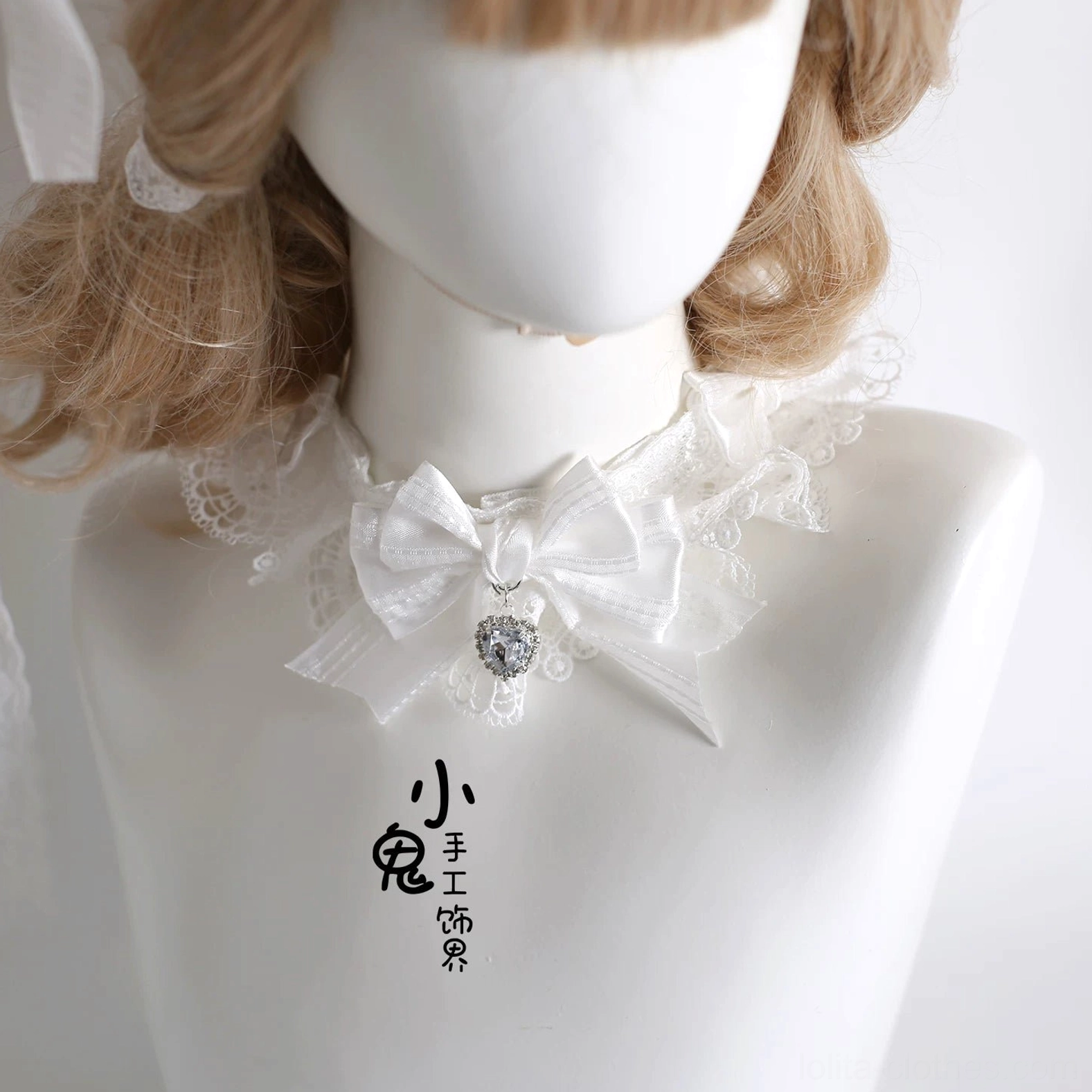 Lolita satin bow choker necklace with ruffled lace collar, rhinestone sparkling pendant and elegant profile display