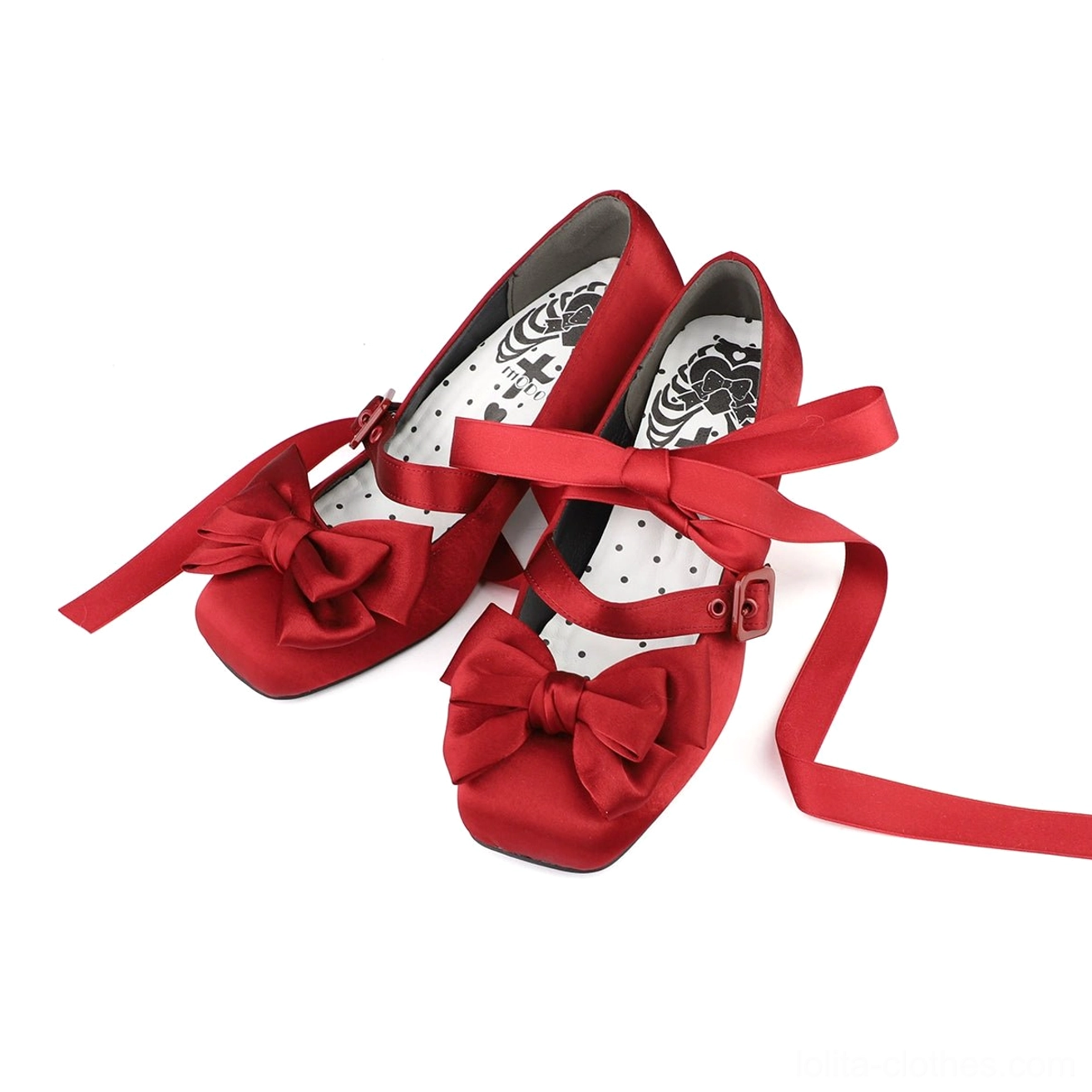 Burgundy wine red lolita satin square toe Mary Jane shoes with decorative satin bow and cross ankle strap design on neutral backdrop