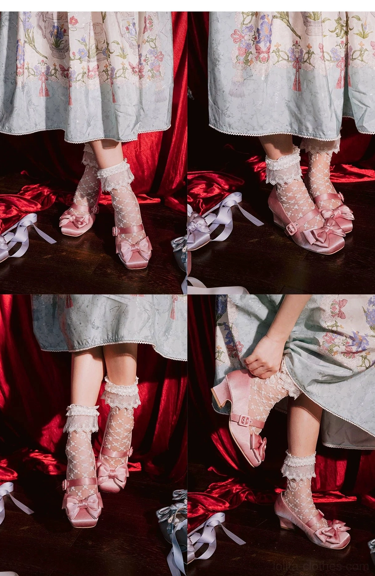 On-foot wear photo of pink lolita satin Mary Jane shoes with frilly lace socks matched with daily dress showing square toe and satin bow decoration indoor home setting