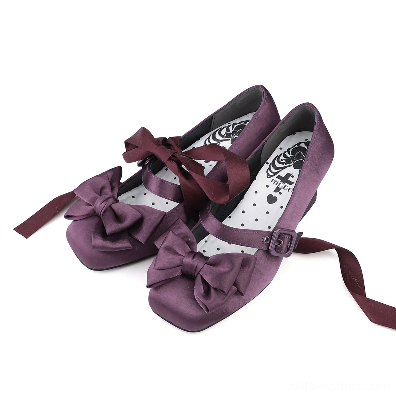 Angled overhead view of lolita satin square toe Mary Jane shoes displaying the full silhouette proportions and satin bow accent on foot