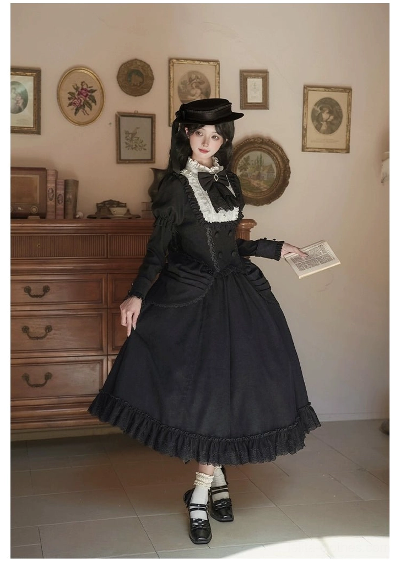 Side profile view of model wearing fog city time difference lolita blouse and skirt showing silhouette, boned bodice structure, and skirt volume with ruffled hem