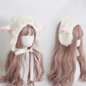 Lolita sheep ear winter hat with lace trim and matching single ear accessory - side-by-side comparison display