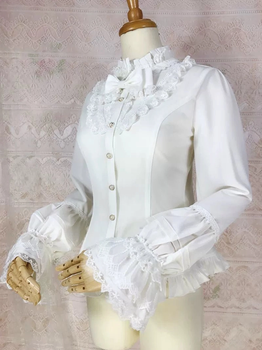 classic white lolita dress shirt three-quarter view fitted waist lace-trimmed stand collar flared cuff design
