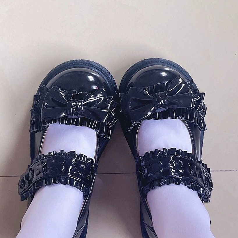 Detailed product shot of candy-colored Lolita shoes featuring butterfly knot decorations, pin tucks detail, thick 3cm platform sole and magic sticker fastening system