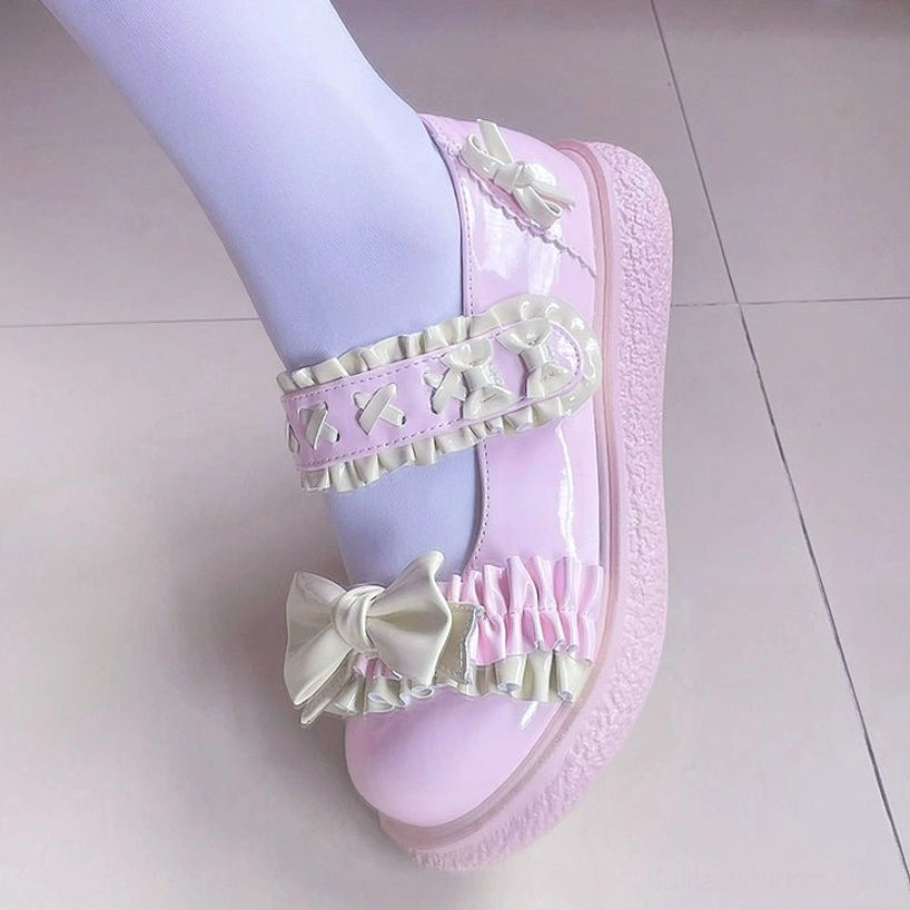 Close-up macro photography of Lolita shoes butterfly knot decorations, showing delicate embellishment details, stitching precision and artisanal craftsmanship