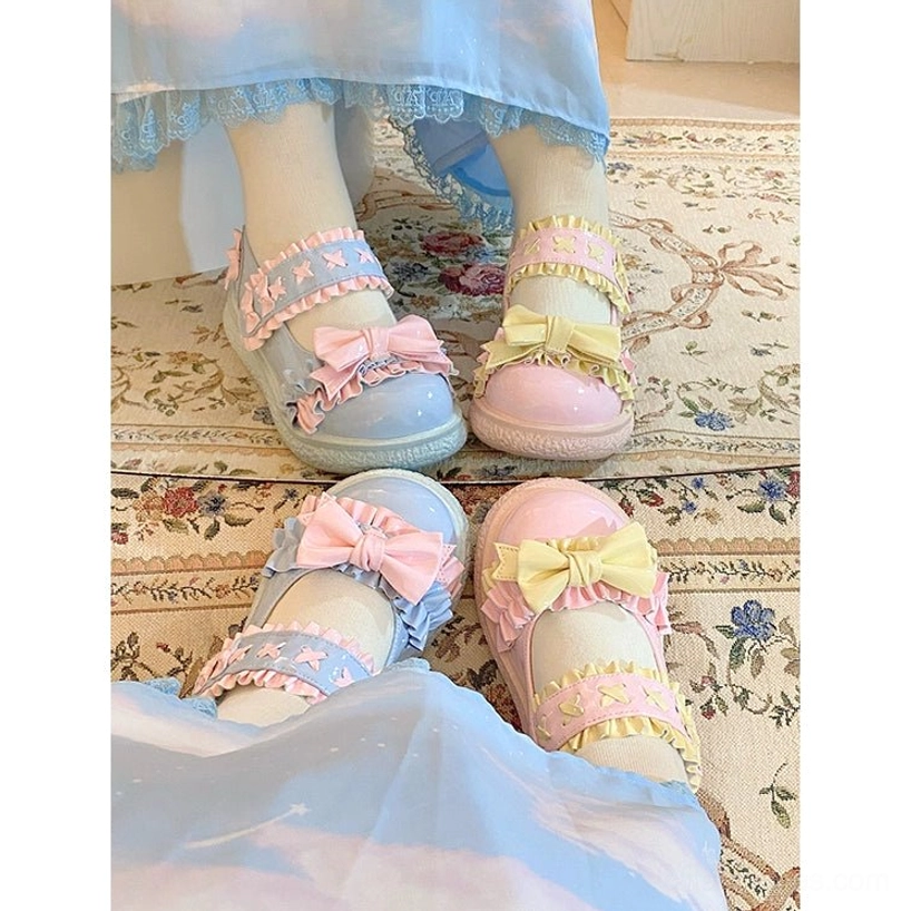 Color variation display of multiple candy-colored Lolita shoes in wine red, two-tone, paint white, paint black, blue pink and yellow pink colorways