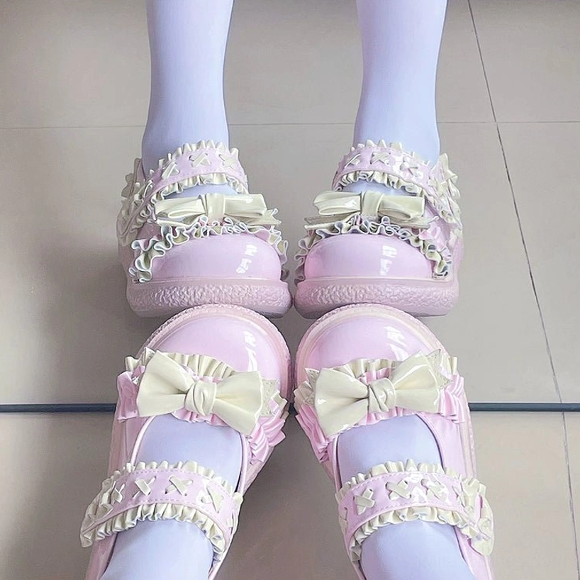 Lolita shoes lifestyle photography showing everyday wearability with casual Lolita coordinate featuring ruffled socks and proportional leg wear combination