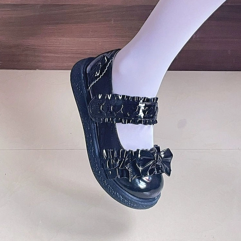 Multi-angle product photography showing Lolita shoes construction details, sole thickness, butterfly bow placement and ruffled strap embellishments from various perspectives