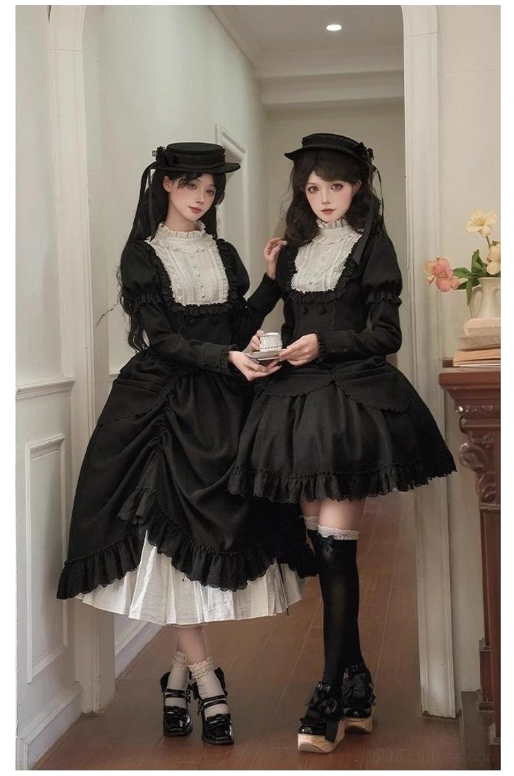 Product detail showing lolita short skirt with fixed curtain-like drape panel design and ruffled hem construction with white underlayer accent