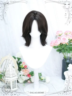 Black tea brown fluffy layered mullet-style short Lolita wig on elevated mannequin stand with romantic vintage styling, pink roses and white lantern decor creating authentic Lolita aesthetic photography