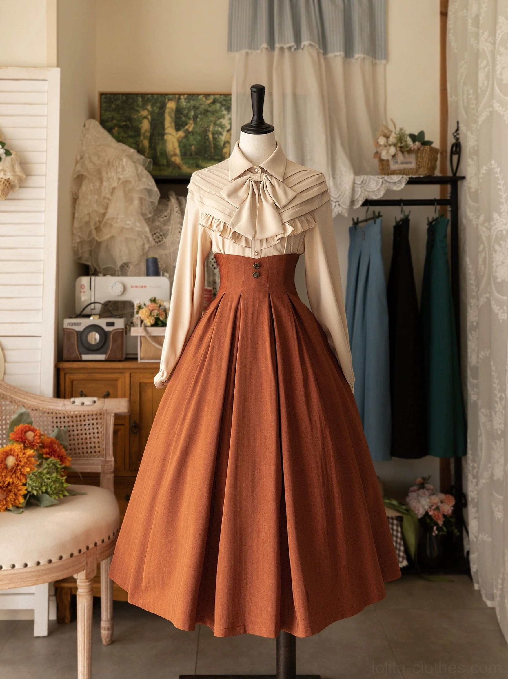 Lolita SK skirt orange brown pleated midi high-waist with ruffled blouse and bow necktie romantic ensemble
