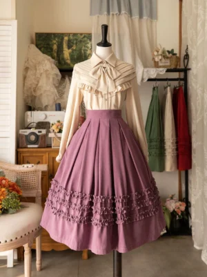 Beige frilled bow collar blouse with mauve lolita skirt coordinate set retro boutique styling