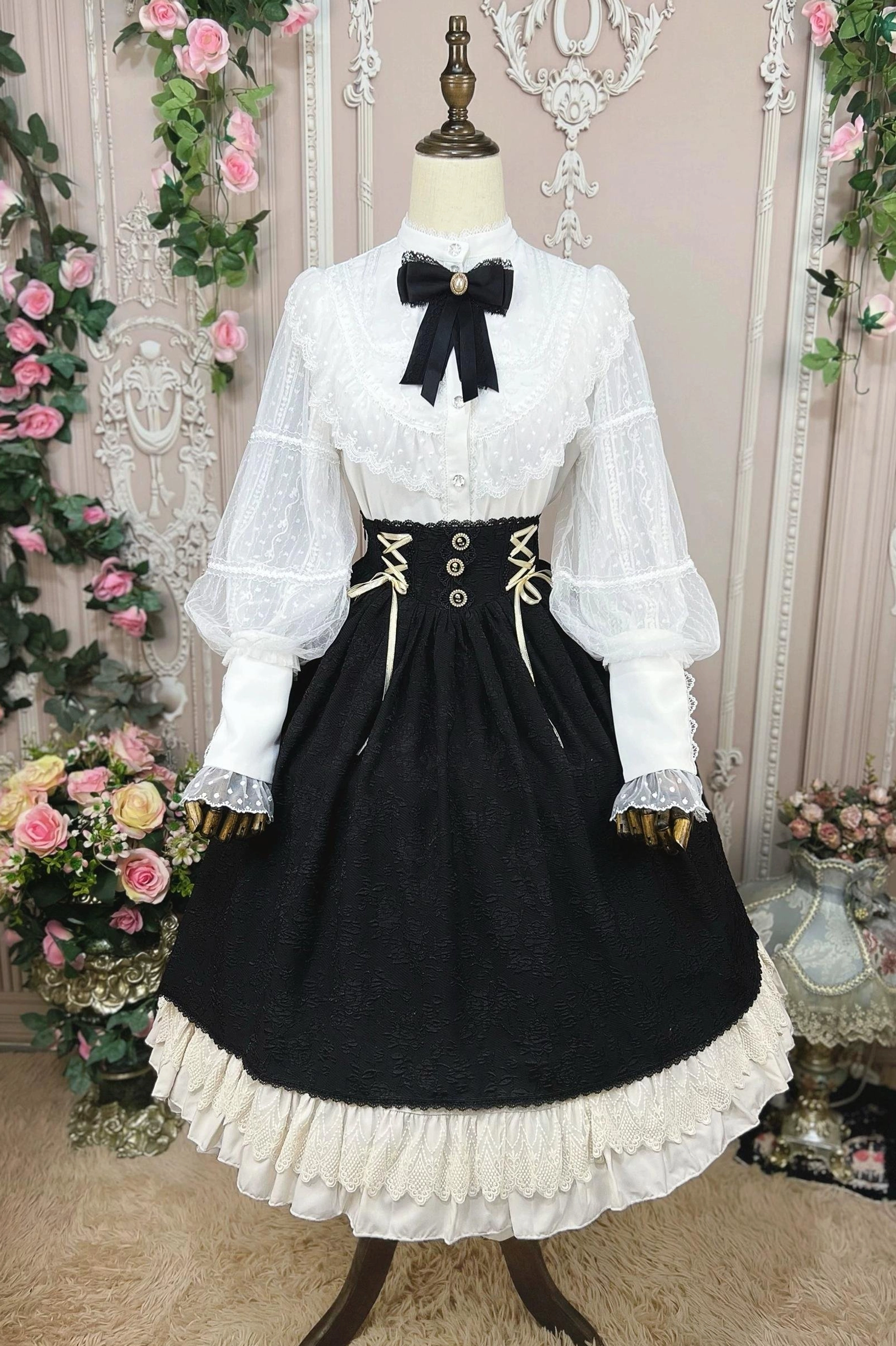 Lolita skirt high waist detail measurement view polyester jacquard apricot lace trim adjustable waist band construction close-up