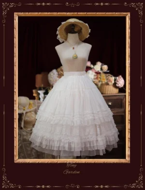 milky-white-dot-yarn-sweet-lolita-tiered-skirt-front-view-sheer-tulle-double-ruffled-lace-trim