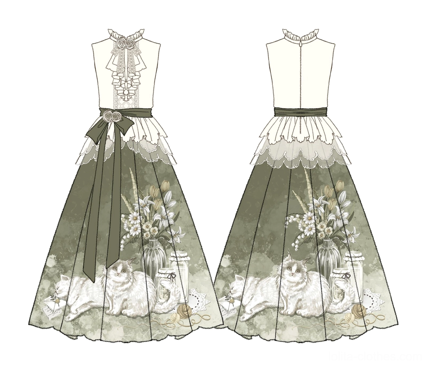 Technical flat lay design sketches showing two variants of lolita skirt set with vintage botanical print skirt and ruffled lace blouse in cream and sage tones