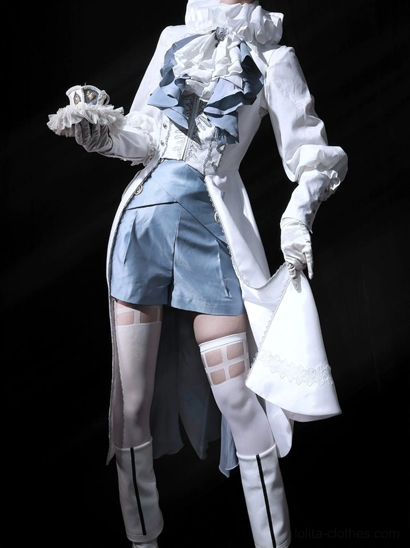 Lolita skirt waist band sash attachment mechanism ash blue velvet decoration close-up detail