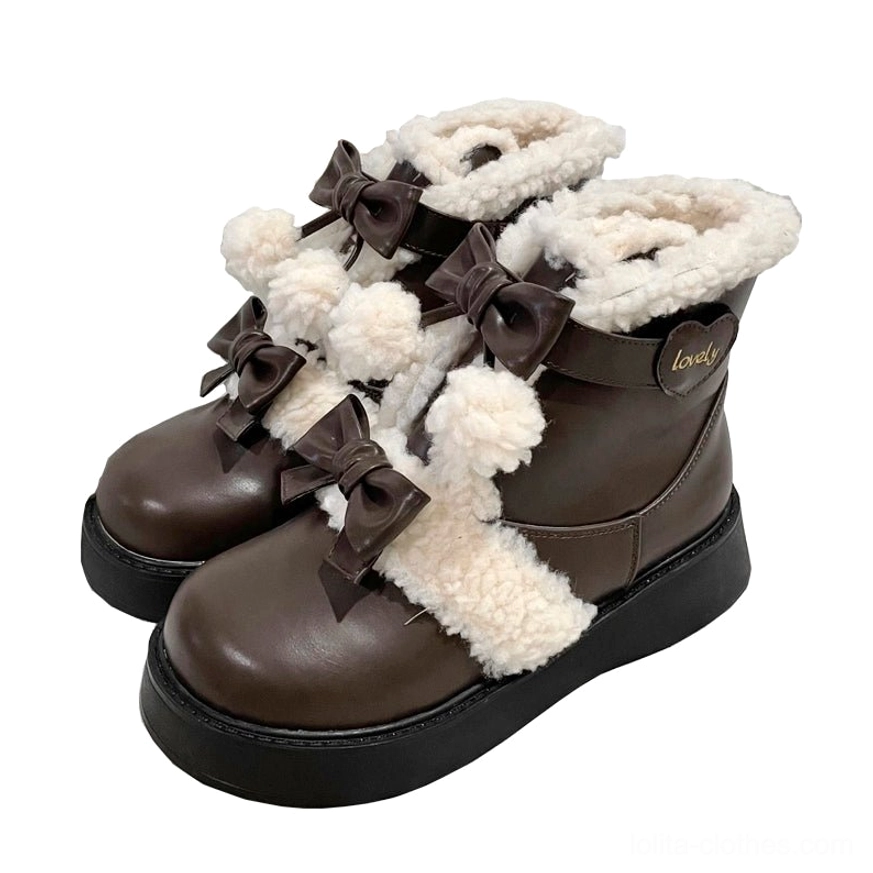 Lolita snow boots flat lay arrangement multiple color options display photography