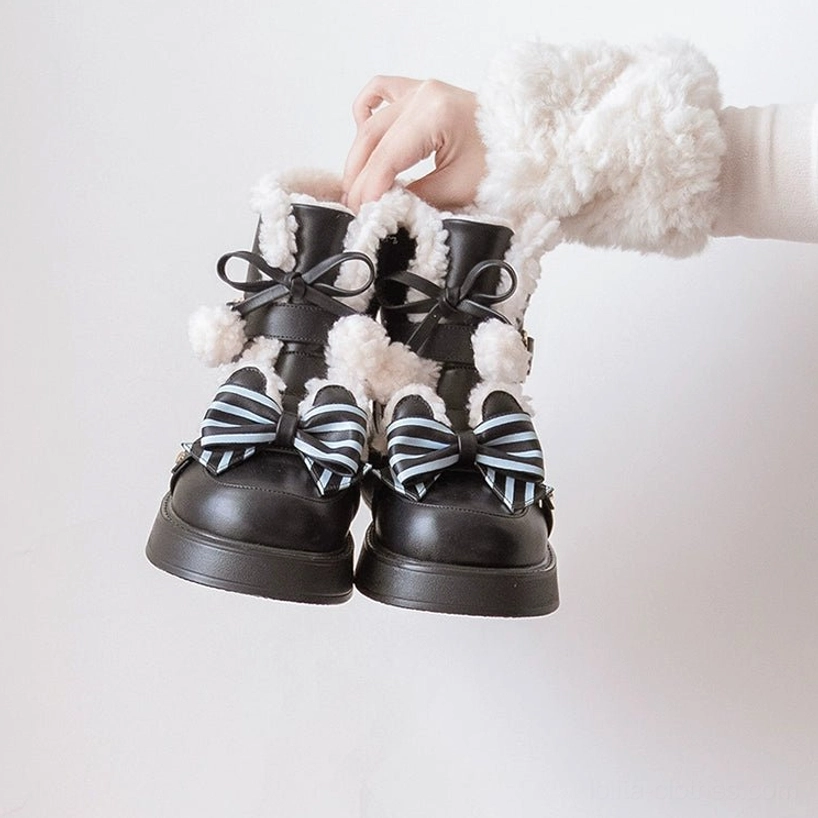 Lolita snow boots paired with elegant lolita dress outfit complete coordinate styling inspiration winter fashion aesthetic