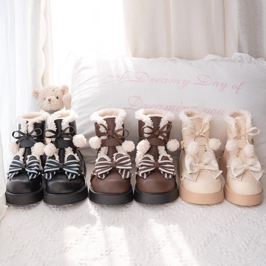 Fleece-lined winter lolita snow boots sole close-up showing thick chunky platform construction cushioned base for comfort stability and style