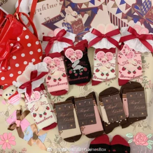 Kawaii lolita themed socks gift set with polka dot handbag bowknot hang tags and chocolate style packaging cards collection