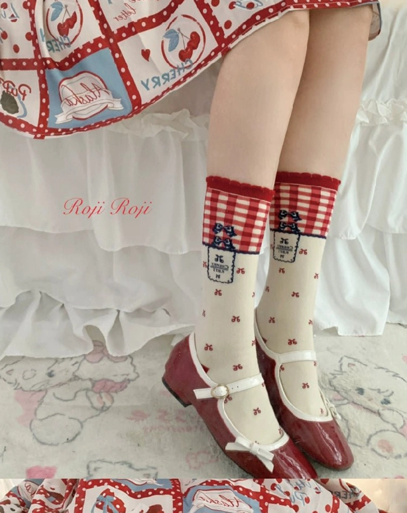Side view model legs red gingham cuffed lolita socks off-white body with bow-dot print retro tags vintage dress and red Mary Jane shoes bedroom interior