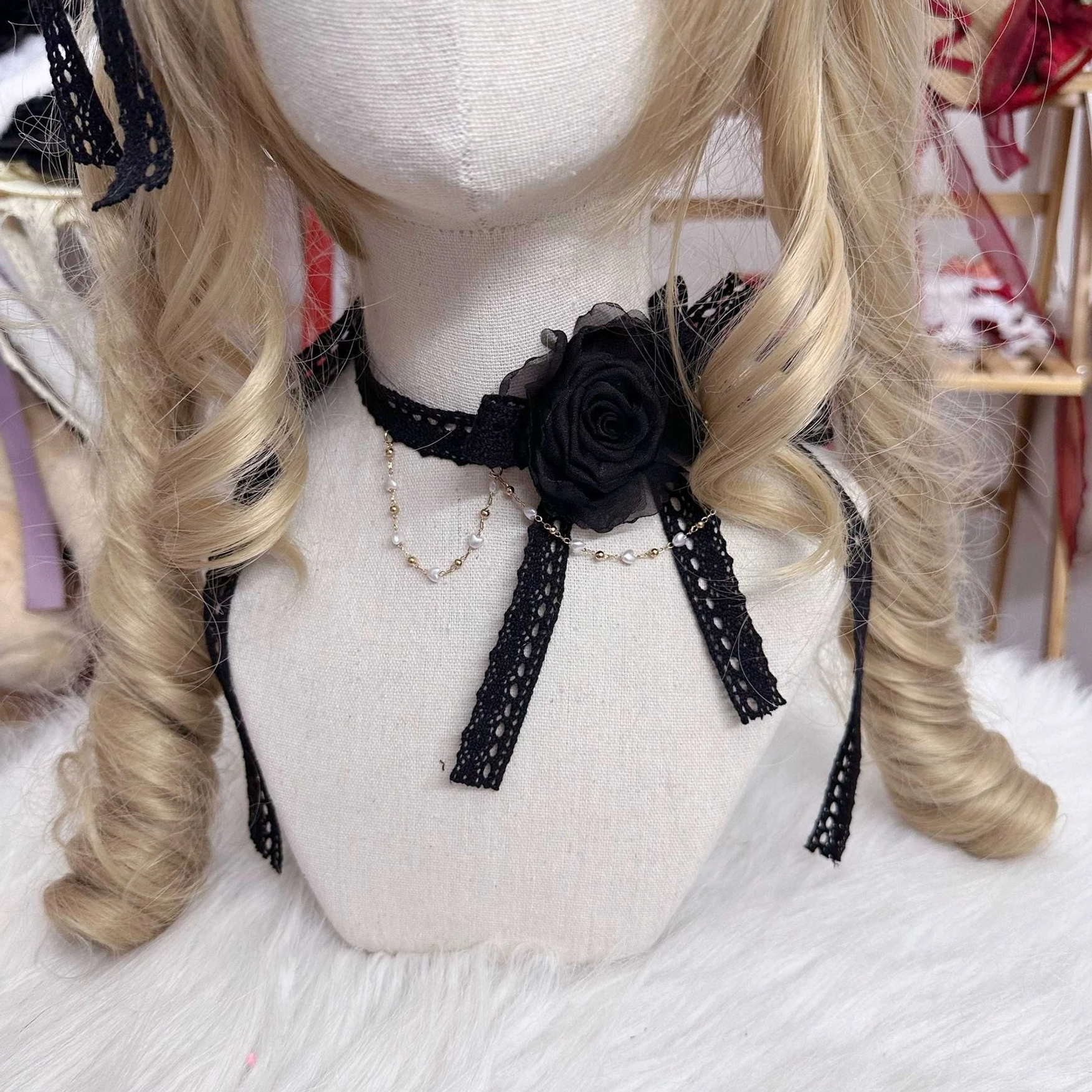 Solid black choker Lolita accessory with classic lace ribbon design and burgundy fabric rose for essential black Lolita wardrobe staple