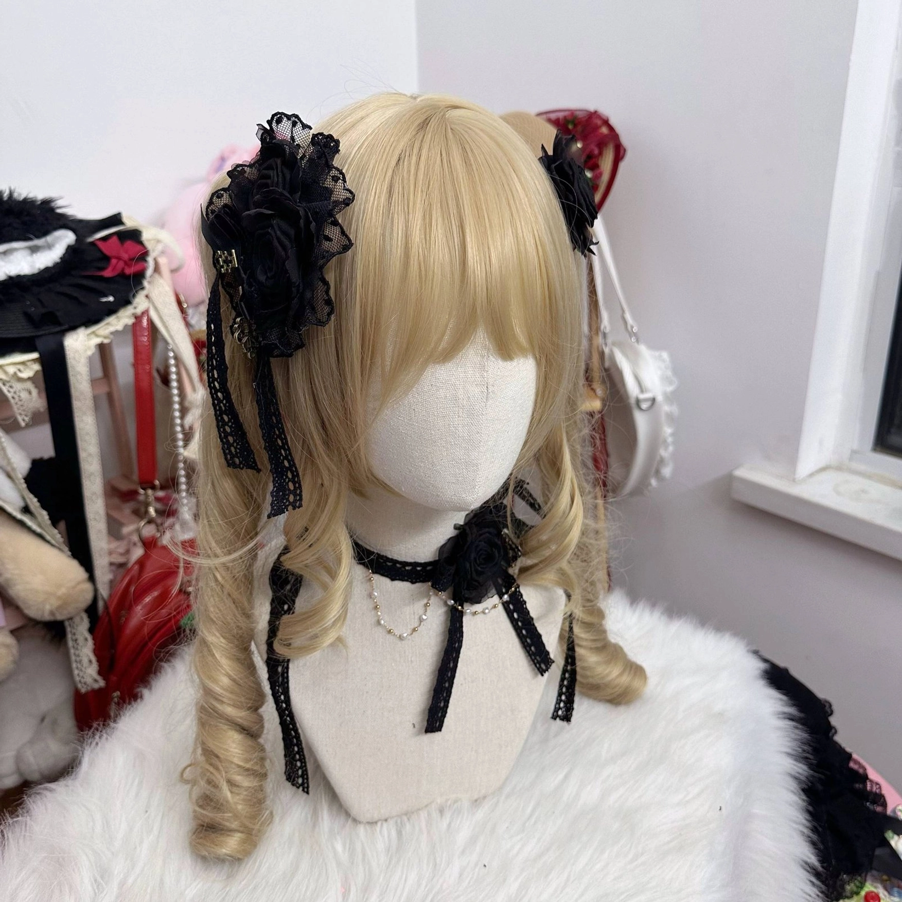 Solid black rose flower Lolita headdress with classic burgundy fabric rose and coordinating black lace choker for Gothic Lolita aesthetic