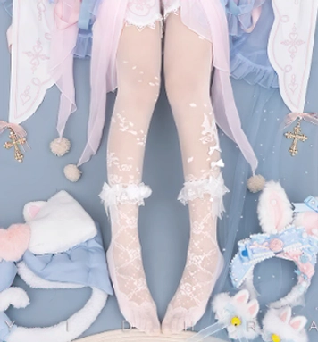 Detail view of nightingale and rose stereo floral lolita tights texture and botanical print design, showcasing premium 20D velvet silk construction and dimensional floral elements