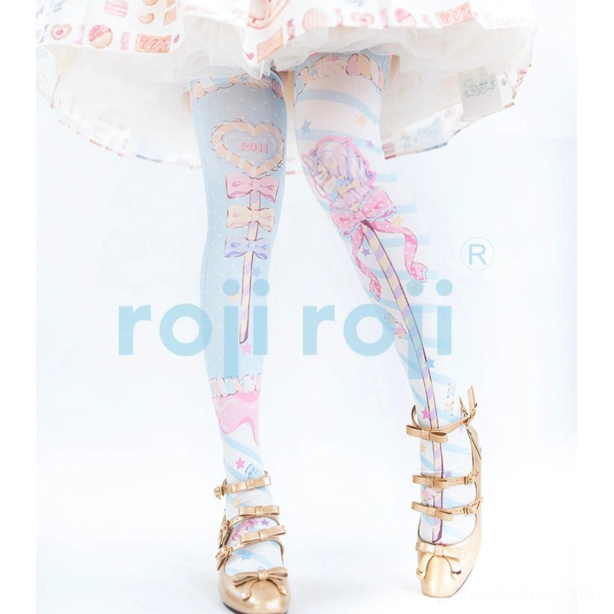 Asymmetric Lolita printed pantyhose with split color design left leg light blue right leg light pink featuring ribbon and bow prints