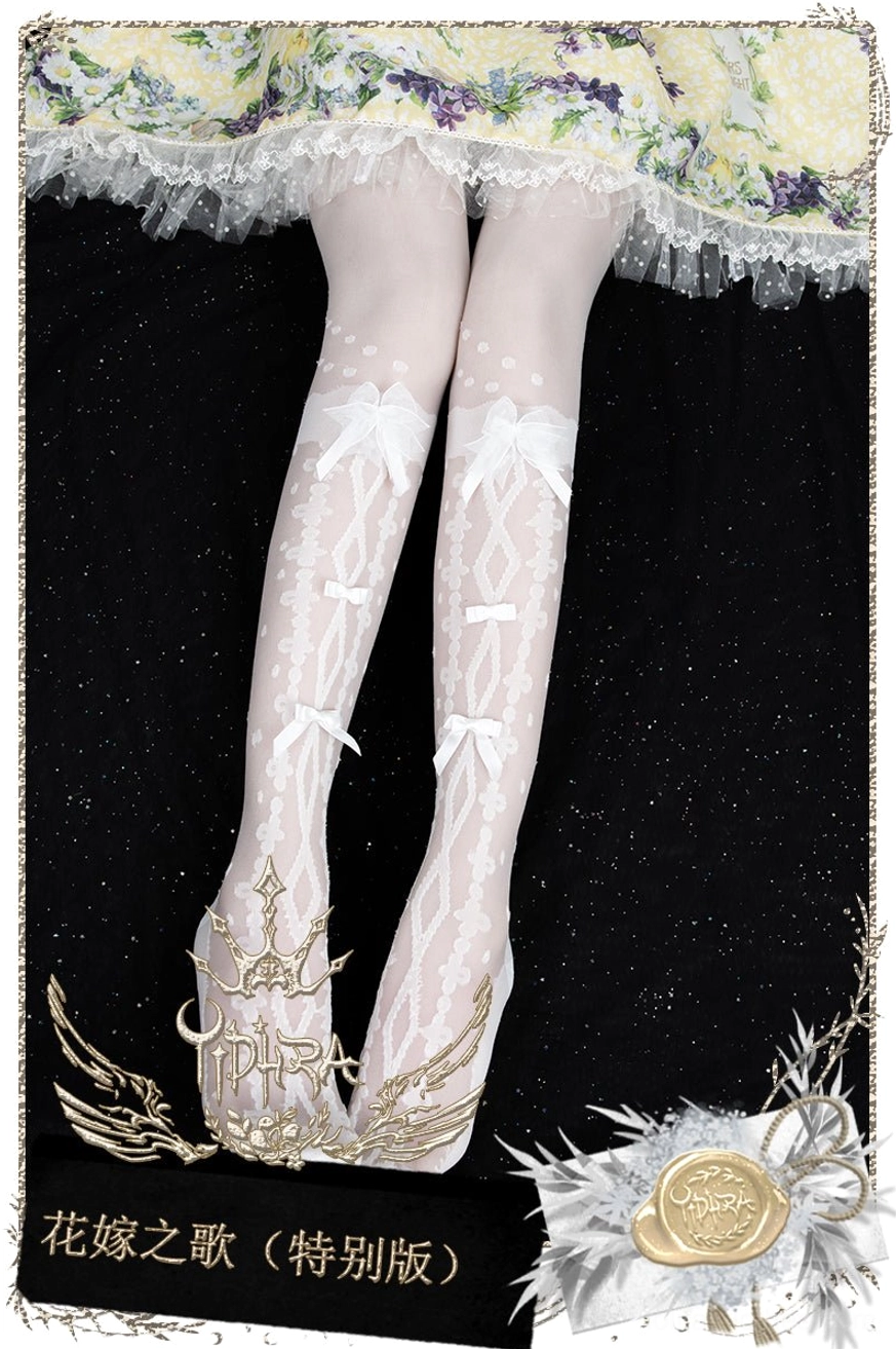 Lolita stockings close-up detail shots sheer fabric texture bow decorations rhombus lace pattern premium quality 20D fabric construction