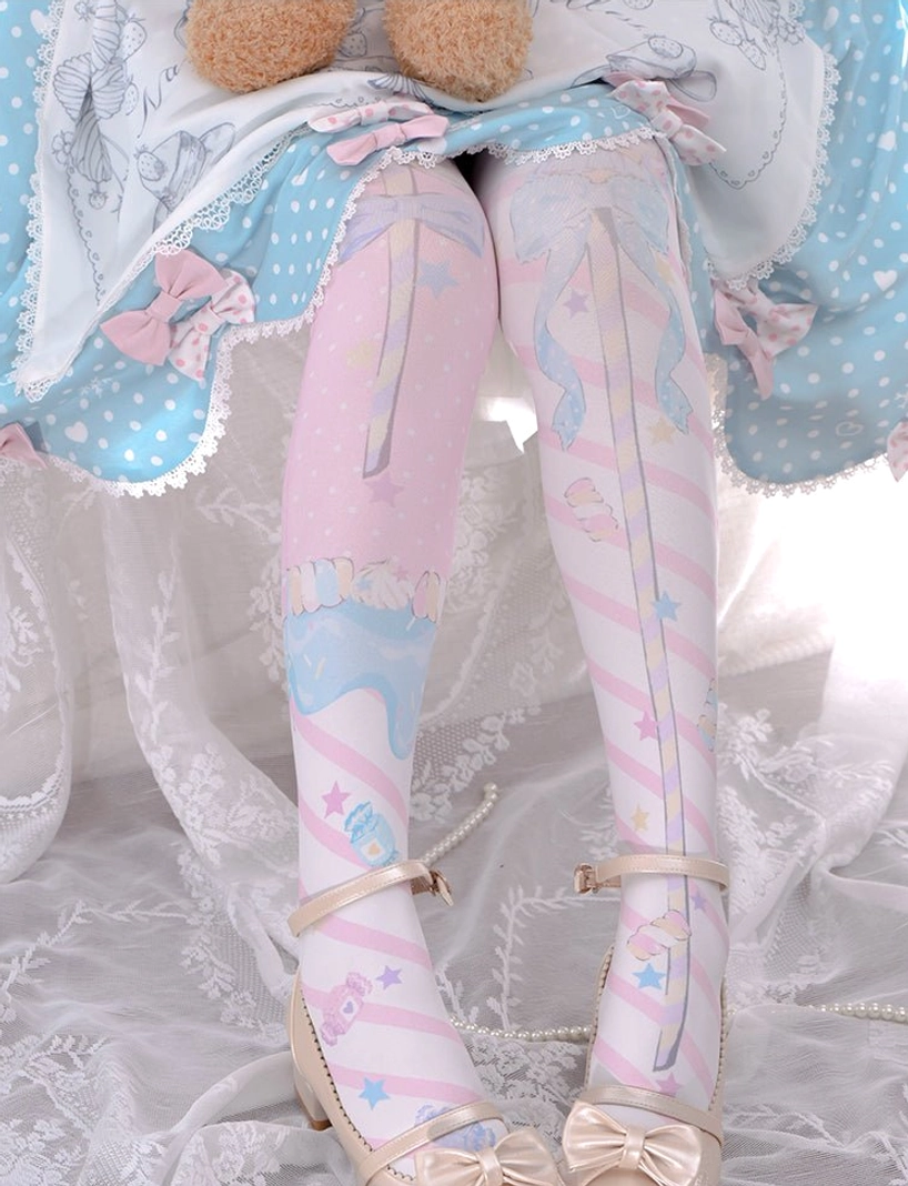 Lolita stockings coordinate inspiration styling guide with matching skirt shoes and accessories full outfit view