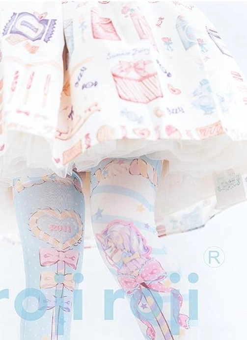 Close-up detail of Lolita printed stockings under skirt showing heart bow ribbon and cute cartoon character prints