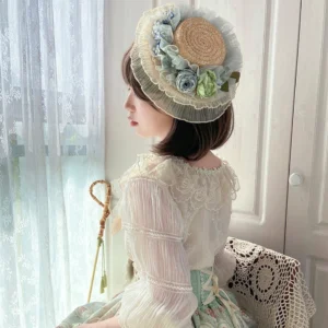 elegant vintage straw boater lolita hat with ruffled lace trim and pastel silk rose ornaments left profile view