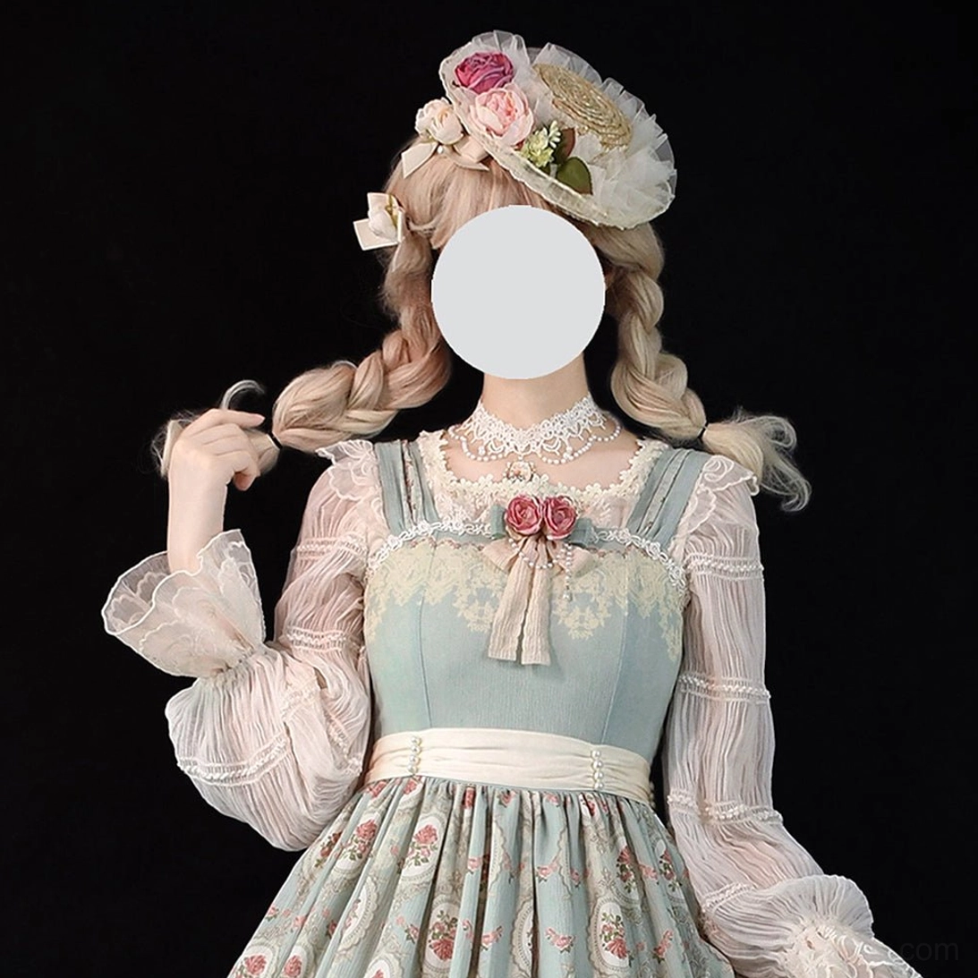 lolita straw boater hat with vintage pearl choker collar and matching flower brooch on dress form with lace curtain backdrop