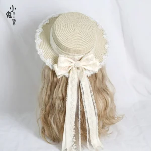 Country lolita straw headdress direct rear view displaying elegant flat round dome, delicate lace bow decoration, and refined back silhouette on mannequin with wavy blonde hair